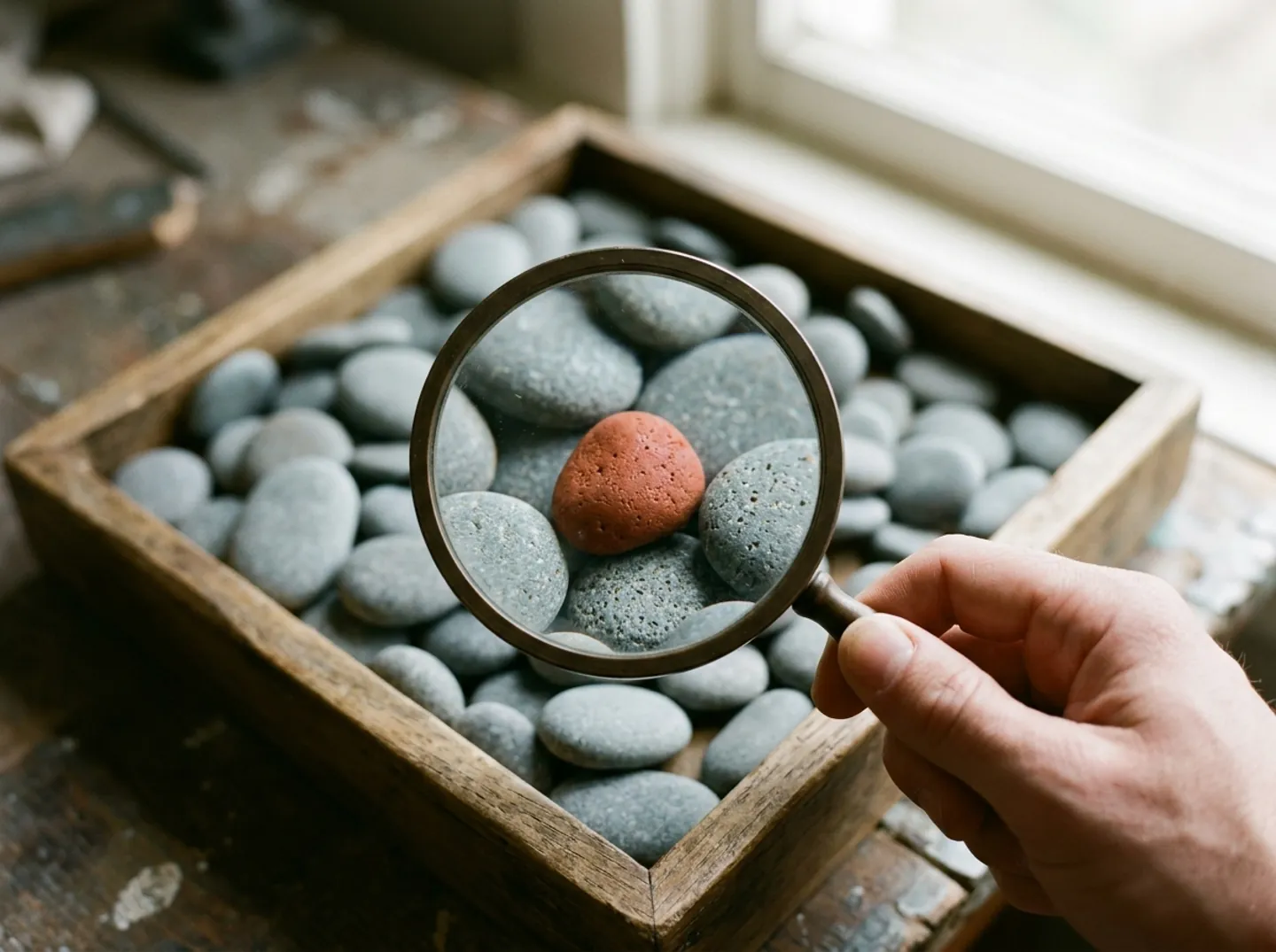 A magnifying glass held over a tray of grey pebbles, picking out the one red pebble among them