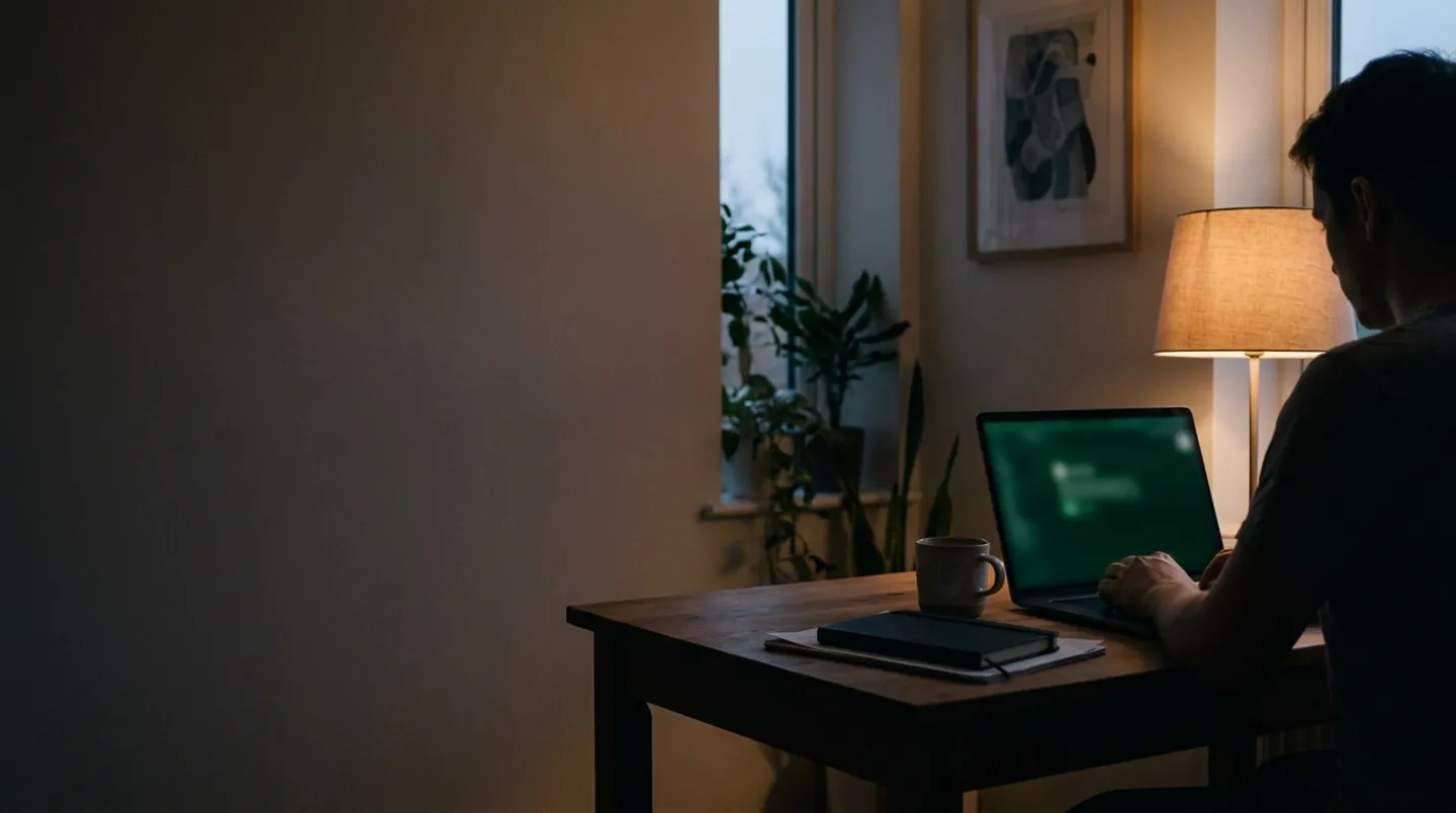 A person seen from behind working at a laptop on a wooden desk in the evening, the screen glowing softly and out of focus